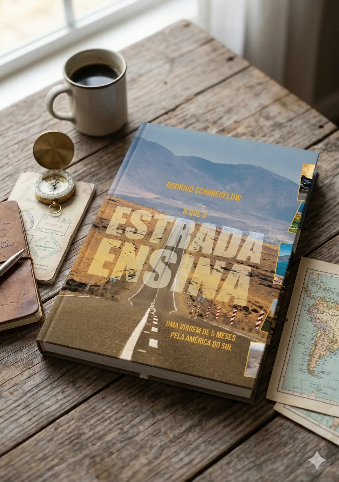 Livro O que a Estrada Ensina sobre uma mesa de madeira, ao lado de mapa, passaporte e bússola